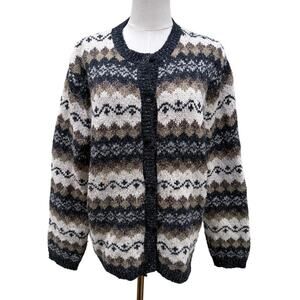 Vintage Croft Barrow Nordic Fair Isle Cardigan Sweater XL Cream Blue Wool Blend